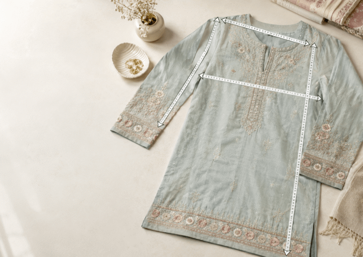 Pakistani shirt laid flat with measuring tape showing garment measurements
