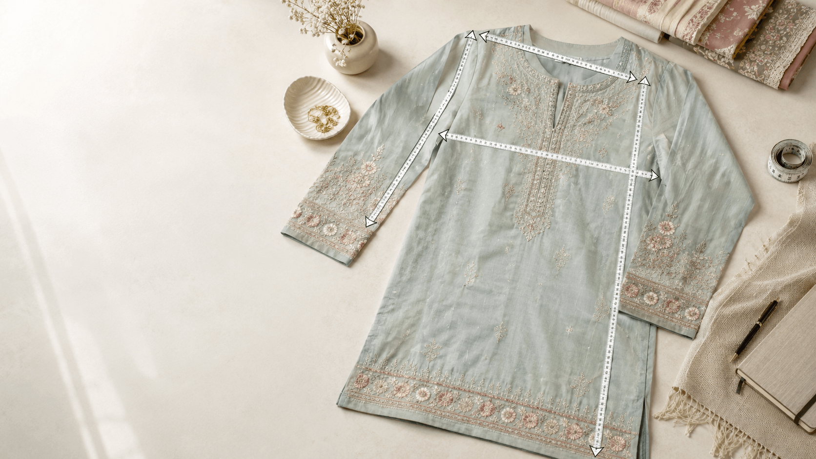 Pakistani shirt laid flat with measuring tape showing garment measurements
