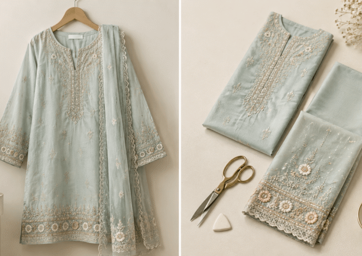 Stitched Pakistani suit beside unstitched fabric pieces