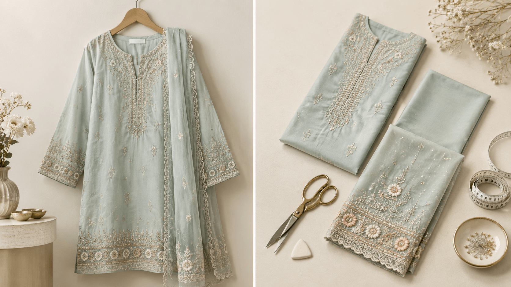 Stitched Pakistani suit beside unstitched fabric pieces