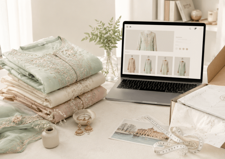 Pakistani outfit beside parcel for online clothing shopping in Sweden