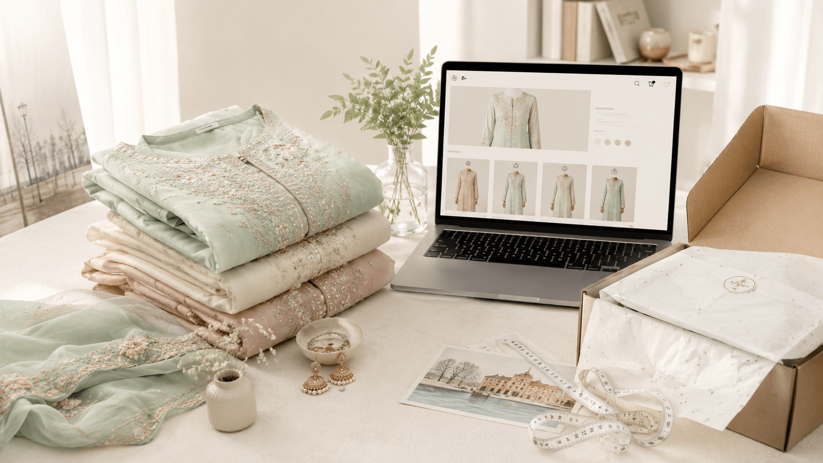 Pakistani outfit beside parcel for online clothing shopping in Sweden